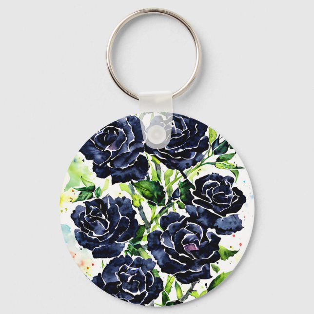 Schwarze Rose Blume Goth Art Aquarellmalerei Schlüsselanhänger (Vorderseite)