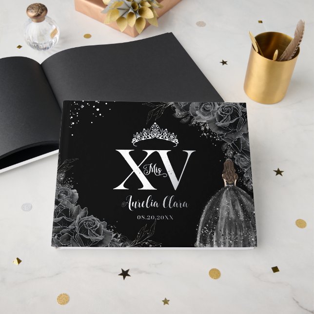 Schwarze Rose Blumenkleid Silver Quinceañera Gästebuch (Vorderseite offen)
