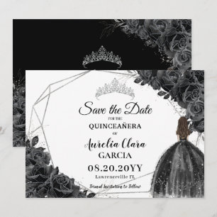 Schwarze Rose Blumenkleid XV 15 Silver Quinceañera Save The Date