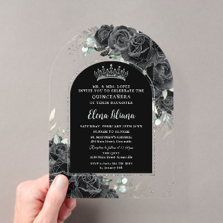 Schwarze Rose Blütensilber Quinceanera Sweet 16 Acryleinladungen