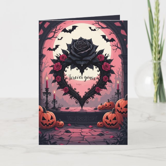 Schwarze Rose, Dornenherz und Fledermäuse Karte (Vorderseite)