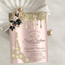 Schwarze Rose Eiffelturm Gold Tropfen Sweet 16