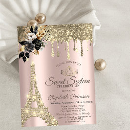 Schwarze Rose Eiffelturm Gold Tropfen Sweet 16 Einladung