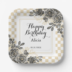 Schwarze Rose Flora Gold und Weiß Checkered Geburt Pappteller