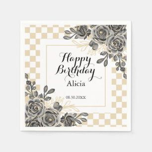 Schwarze Rose Flora Gold und Weiß Checkered Geburt Serviette