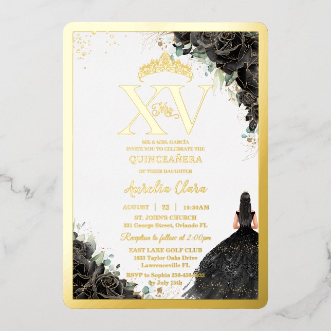 Schwarze Rose Floral Quinceañera Quince 15 XV Gold Folieneinladung (Vorderseite)