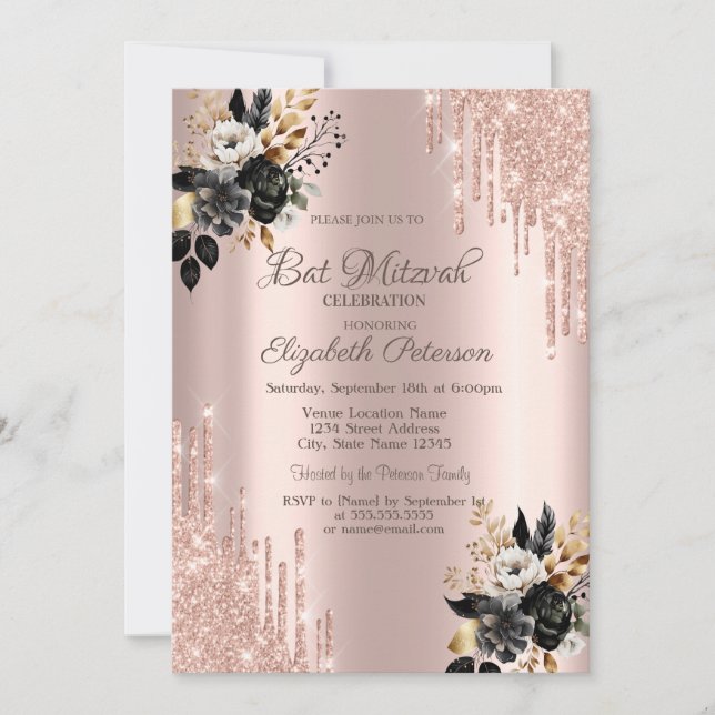 Schwarze Rose Glitzer Tropfen Rose Gold Bar Mitzva Einladung (Vorderseite)
