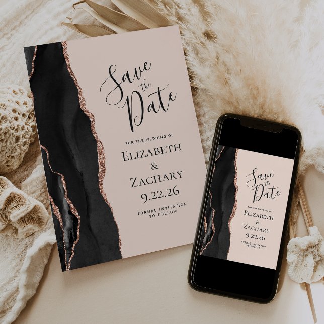Schwarze Rose Gold Agate Blush Save the Date Einladung (Von Creator hochgeladen)