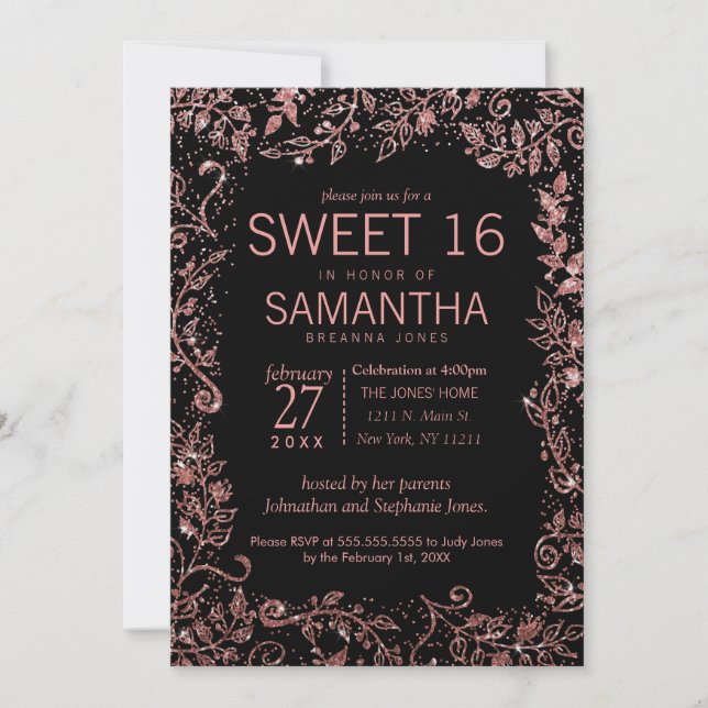 Schwarze Rose Gold Blumenstrauß Glitzer Sweet 16 Einladung (Vorderseite)