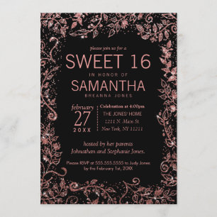 Schwarze Rose Gold Blumenstrauß Glitzer Sweet 16 Einladung