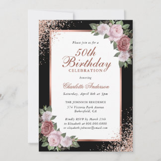 Schwarze Rose Gold Blush Bloral 50. Geburtstag Einladung