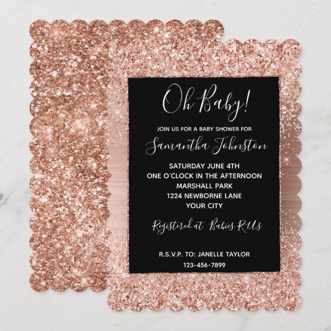 Schwarze Rose Gold Blush Pink Glam Glitzer Einladung (Vorne/Hinten)