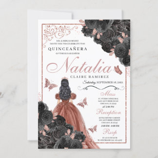 Schwarze Rose Gold Butterfly Prinzessin Quinceañer Einladung