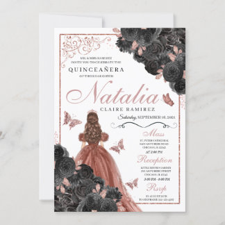 Schwarze Rose Gold Butterfly Prinzessin Quinceañer Einladung