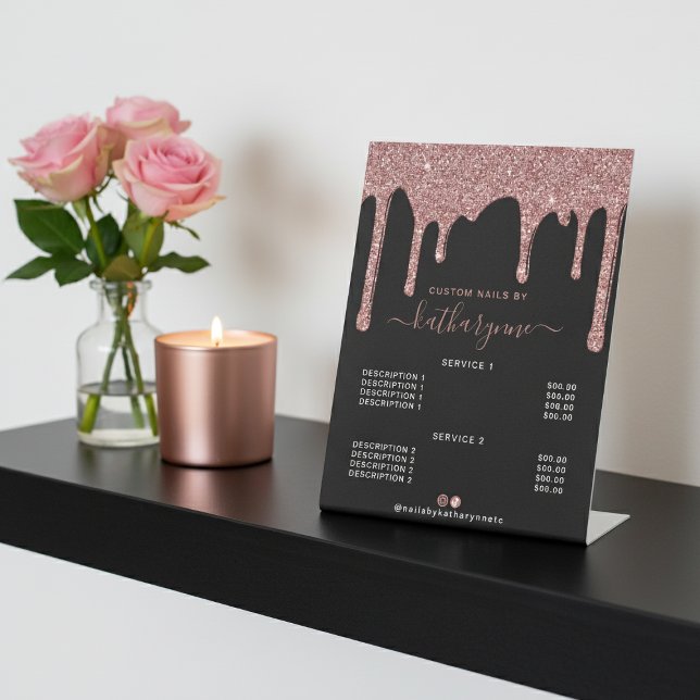 Schwarze Rose Gold Driving Glitzer Salon Preislist Sockelschild (Black Rose Gold Dripping Glitter Salon Price List Pedestal Sign)