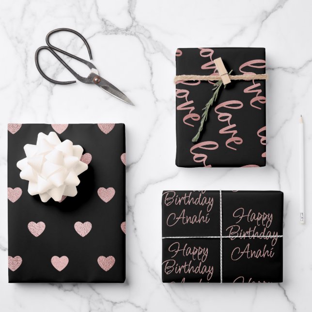 Schwarze Rose Gold Foil Herz Liebe Glücklich Gebur Geschenkpapier Set (Vorderseite)