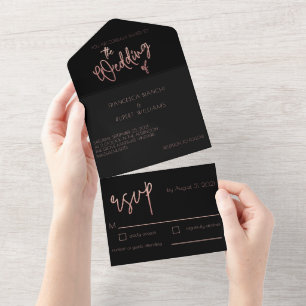 Schwarze Rose Gold Glitter Hochzeit Art Deco All In One Einladung