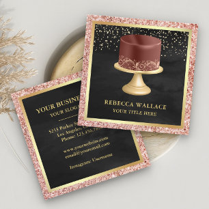 Schwarze Rose Gold Glitter Tropfen Marone Kuchen B Quadratische Visitenkarte