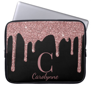 Schwarze Rose Gold Glitter Tropfen Monogramm Laptopschutzhülle
