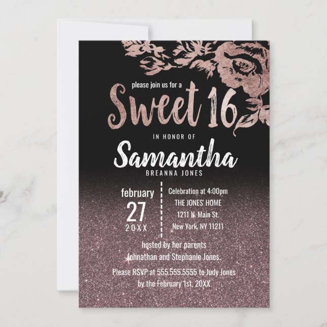 Schwarze Rose Gold Glitzer Blumenstrauß Süß 16 Einladung (Vorderseite)