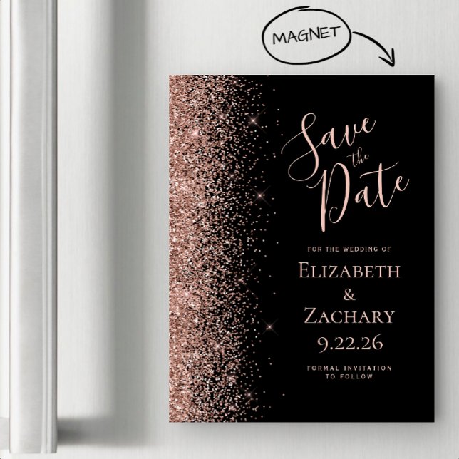 Schwarze Rose Gold Glitzer Magnetic Save the Date Magnetkarte (Von Creator hochgeladen)