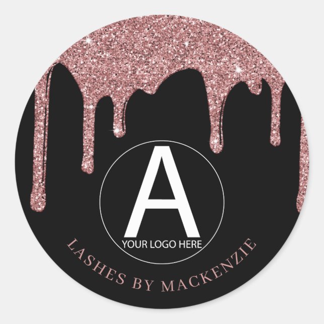 Schwarze Rose Gold Glitzer Tropfen Business-Logo Runder Aufkleber (Vorderseite)