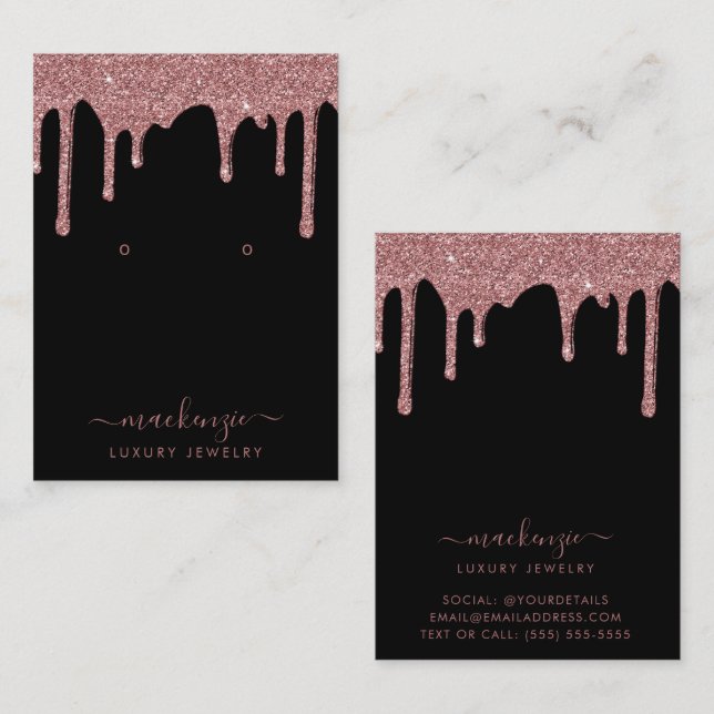 Schwarze Rose Gold Glitzer Tropfen Schmuck Visitenkarte (Vorne/Hinten)