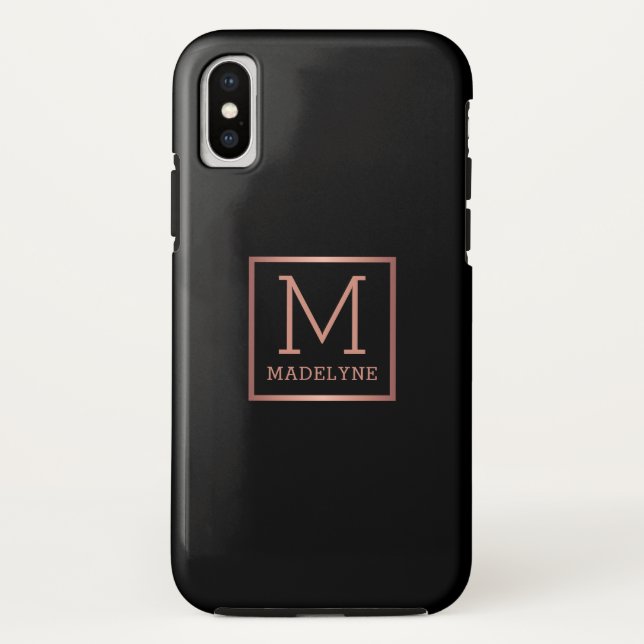 Schwarze Rose Gold Monogram Elegant Case-Mate iPhone Hülle (Rückseite)