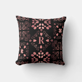 Schwarze Rose Gold Monogram Herzmuster Muster Kissen