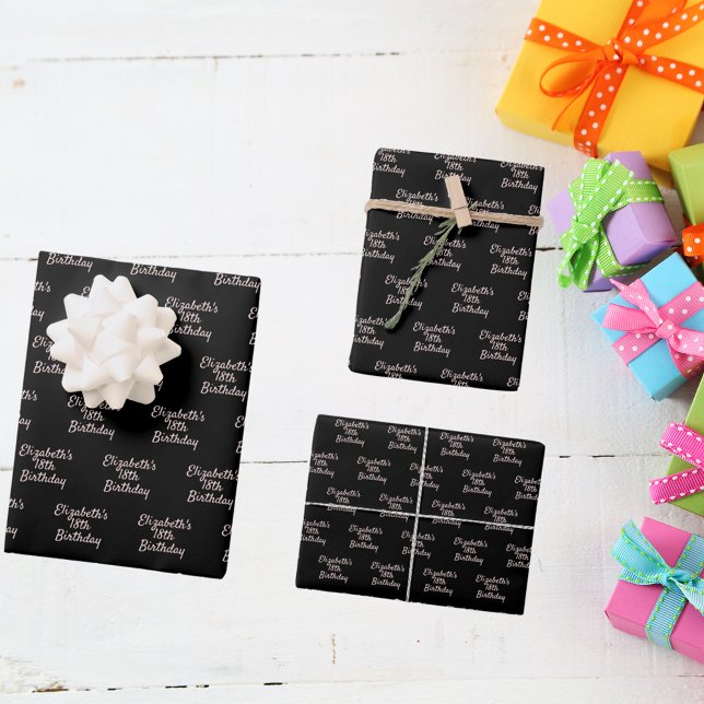 Schwarze Rose Gold-Namensskript minimalistisch Geschenkpapier Set (Von Creator hochgeladen)