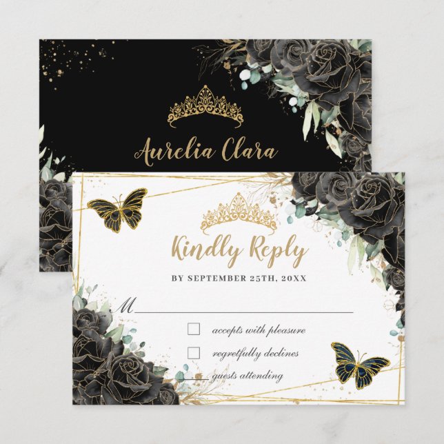 Schwarze Rose Gold Quinceñera Butterfliegen RSVP Karte (Vorne/Hinten)