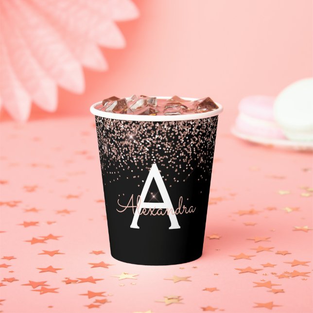 Schwarze Rose Gold Rosa Glitzer Monogram Pappbecher (Insitu)