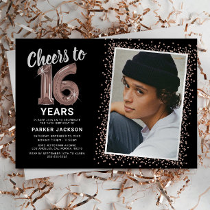 Schwarze Rose Gold Sweet 16 Foto-Einladung Einladung