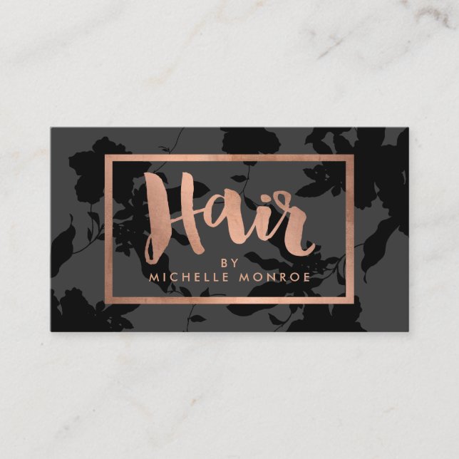 Schwarze Rose Gold Text Haare Stylist Visitenkarte (Vorderseite)