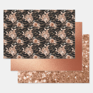 Schwarze Rose Gold Tiger Blumen Glam Glitter Geschenkpapier Set