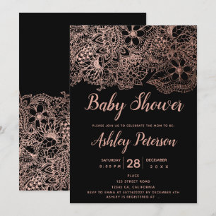 Schwarze Rose Goldfloral Typos Babydusche Einladung