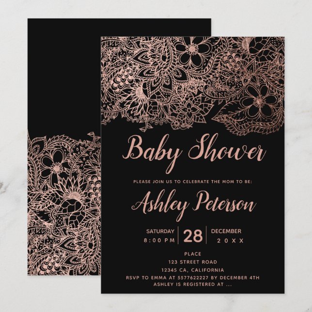 Schwarze Rose Goldflorentypografie Babydusche Einladung (Vorne/Hinten)
