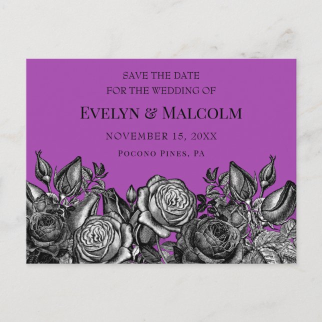Schwarze Rose Lila Save the Date STD Ankündigungspostkarte (Vorderseite)
