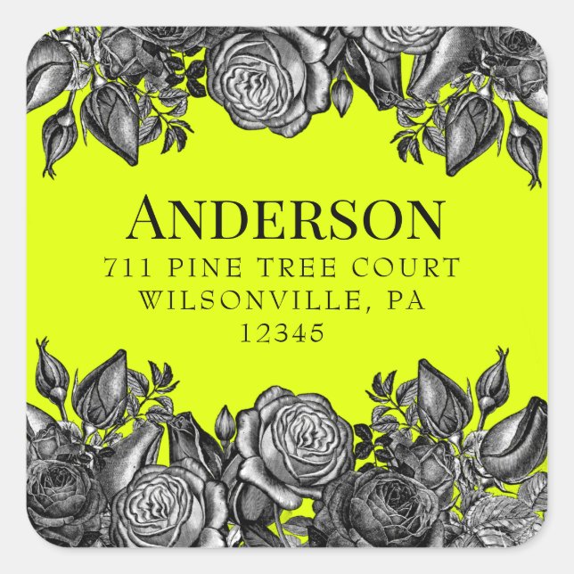 Schwarze Rose Lime Green Wedding Rücksendeadresse Quadratischer Aufkleber (Vorderseite)
