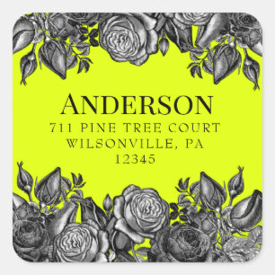 Schwarze Rose Lime Green Wedding Rücksendeadresse Quadratischer Aufkleber