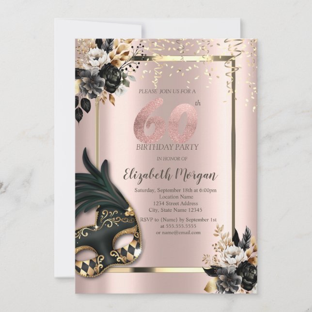 Schwarze Rose Masque Confetti Rose Gold 60. Einladung (Vorderseite)
