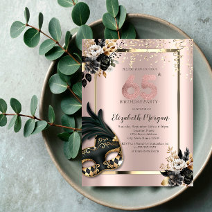 Schwarze Rose Masque Confetti Rose Gold 65. Einladung