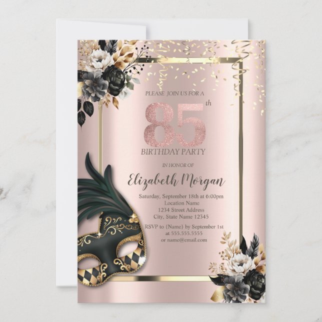 Schwarze Rose Masque Confetti Rose Gold 85. Einladung (Vorderseite)