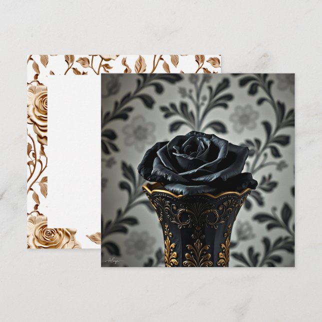 Schwarze Rose mit Akzenten aus Gold und Floral Karte (Vorne/Hinten)