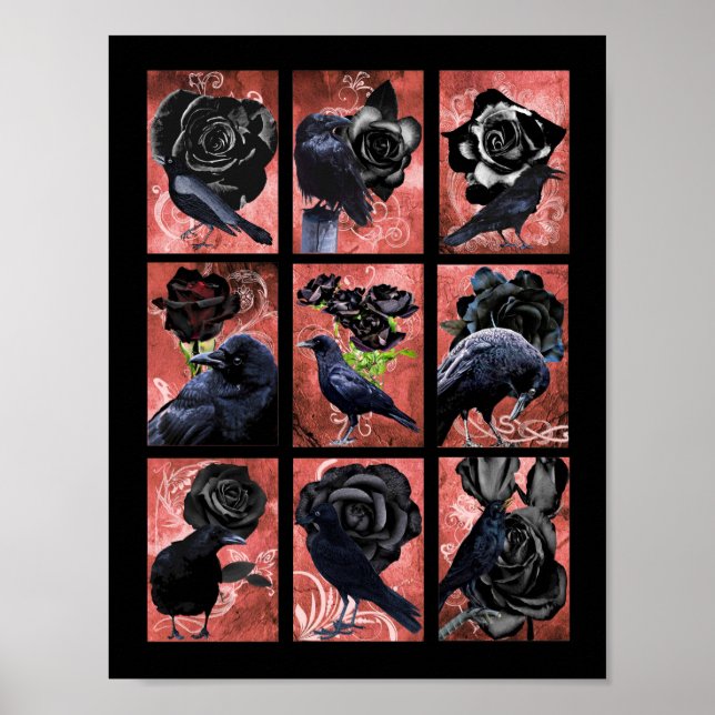 Schwarze Rose-Raben und Krähen Gothic Art Collage Poster (Vorne)
