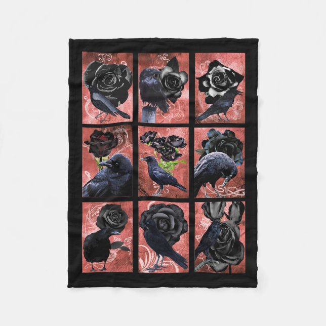 Schwarze Rose Raben und Krähen Gothic Collage Fleecedecke (Vorderseite)