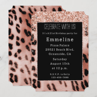 Schwarze Rose Rosa Leopard Glitzer Einladung