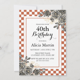 Schwarze Rose Rost & White Checkered Geburtstag Einladung