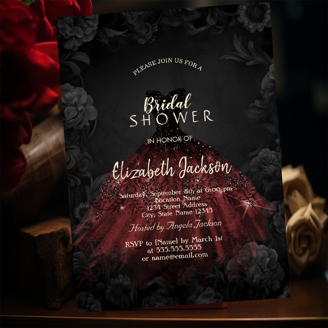 Schwarze Rose Rotes Kleid Gotisches Brautparty Einladung (Von Creator hochgeladen)