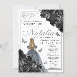 Schwarze Rose Silver Butterfly Princess Quinceañer Einladung
